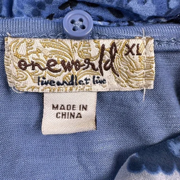 Paisley Tunic Top With Fringe Scarf Blue Size XL One World Boho Peasant Gypsy - Picture 5 of 8